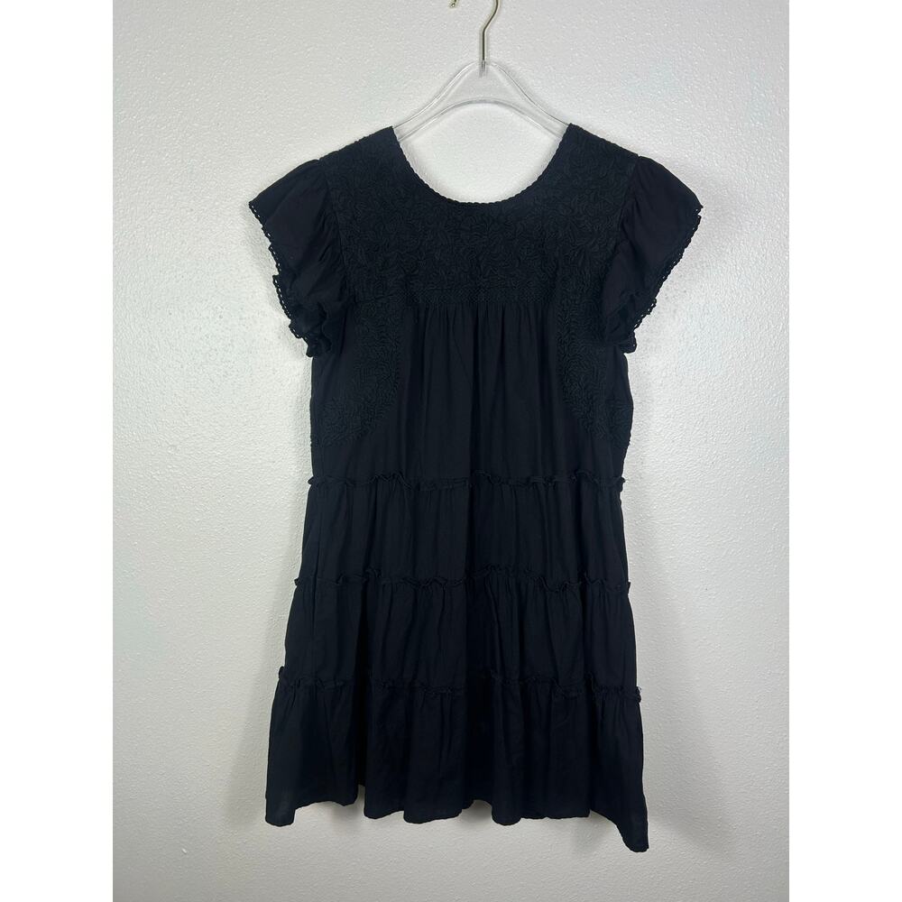J. Marie Zara Embroidered Ruffle Cap Sleeve Tiered Mini Dress Black Medium - Picture 5 of 9